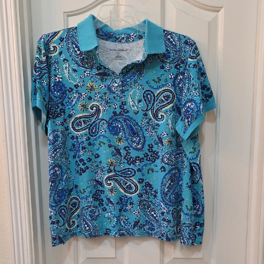 Woman Within Turquoise and Violet Paisley Blouse